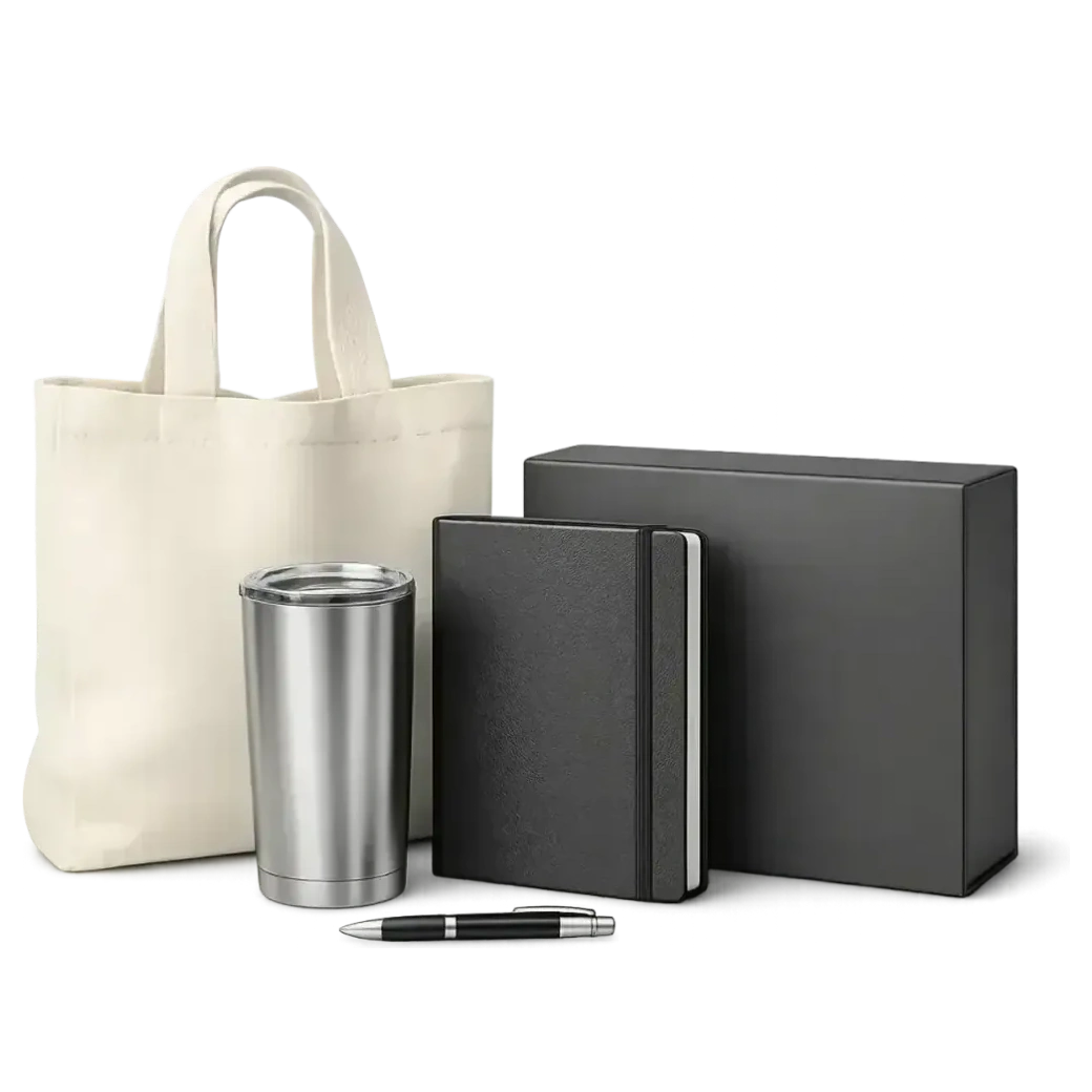 Bolsa, vaso y libreta de merchandising corporativo personalizado